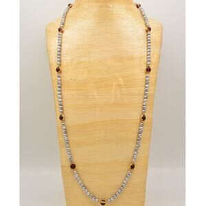 Vintage Cabochon Beaded Necklace Gray Station Pearl Purple Gold Tone 1980s Bin1D